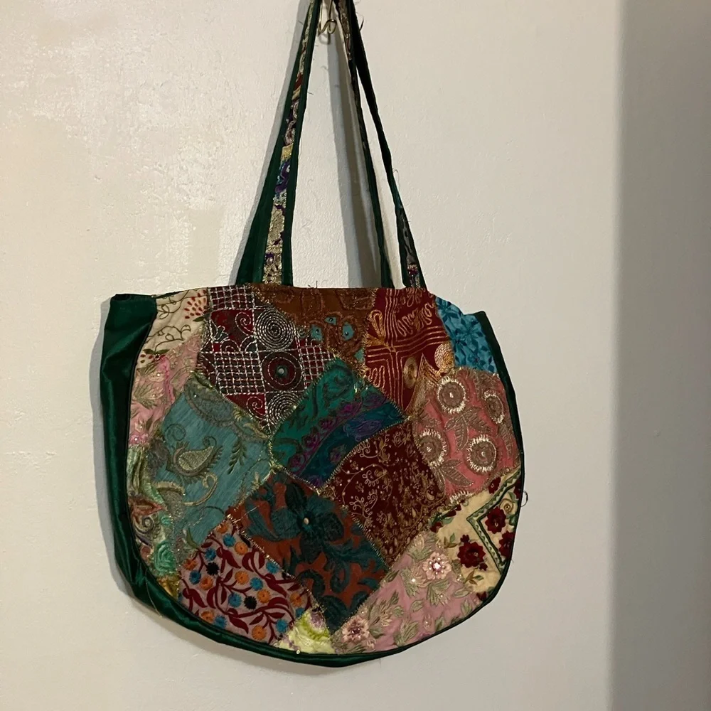 Bohemian patchwork sparkly silk quilted embroidered India shoulder bag metallic